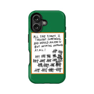 Green phone case back view with handwritten anxiety tally note design