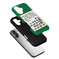 Green and black layered phone case with tally mark quote, angled above silver smartphone