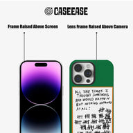 Green CASEEASE phone case, front and rear views, with raised screen and camera frames