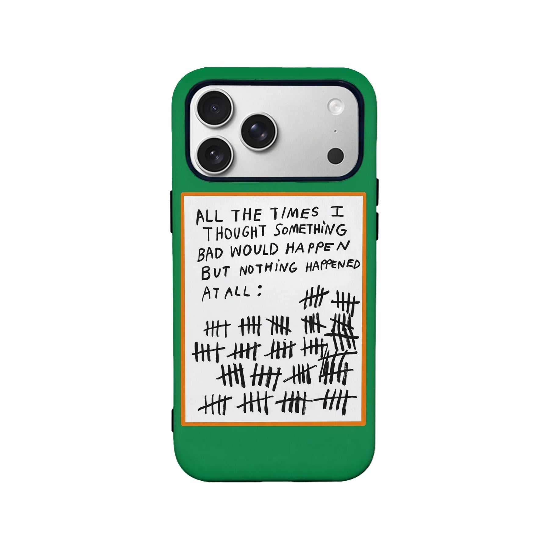 Green phone case with white handwritten tally note design, rear product view
