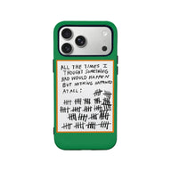Green phone case with white handwritten tally note design, rear product view
