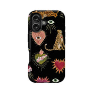 Black phone case with embroidered-style leopard, eye, and heart motifs, rear product view
