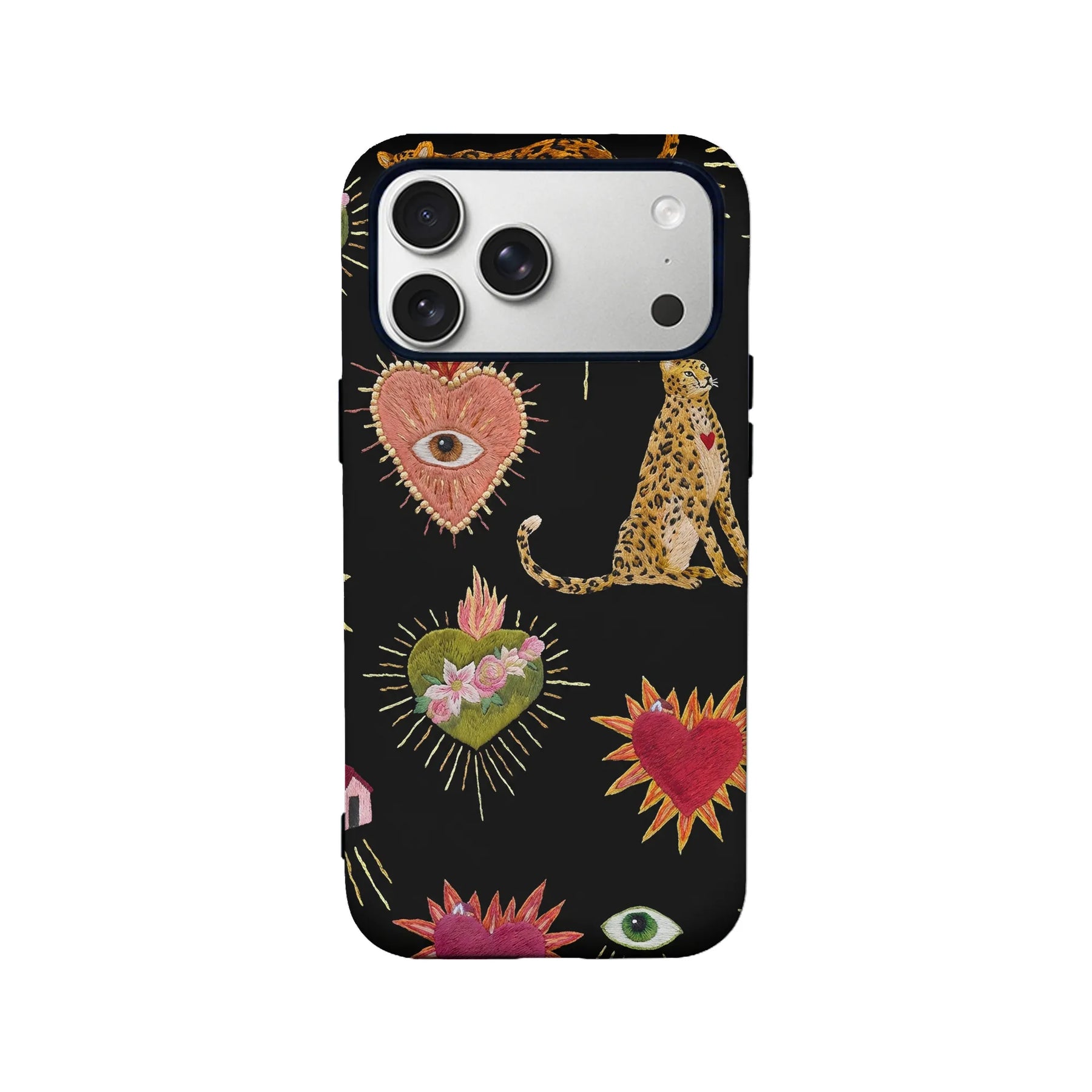 Black illustrated phone case with hearts, eyes, and leopard, rear product view