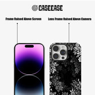 Black floral phone case shown front and back with raised screen and camera frames