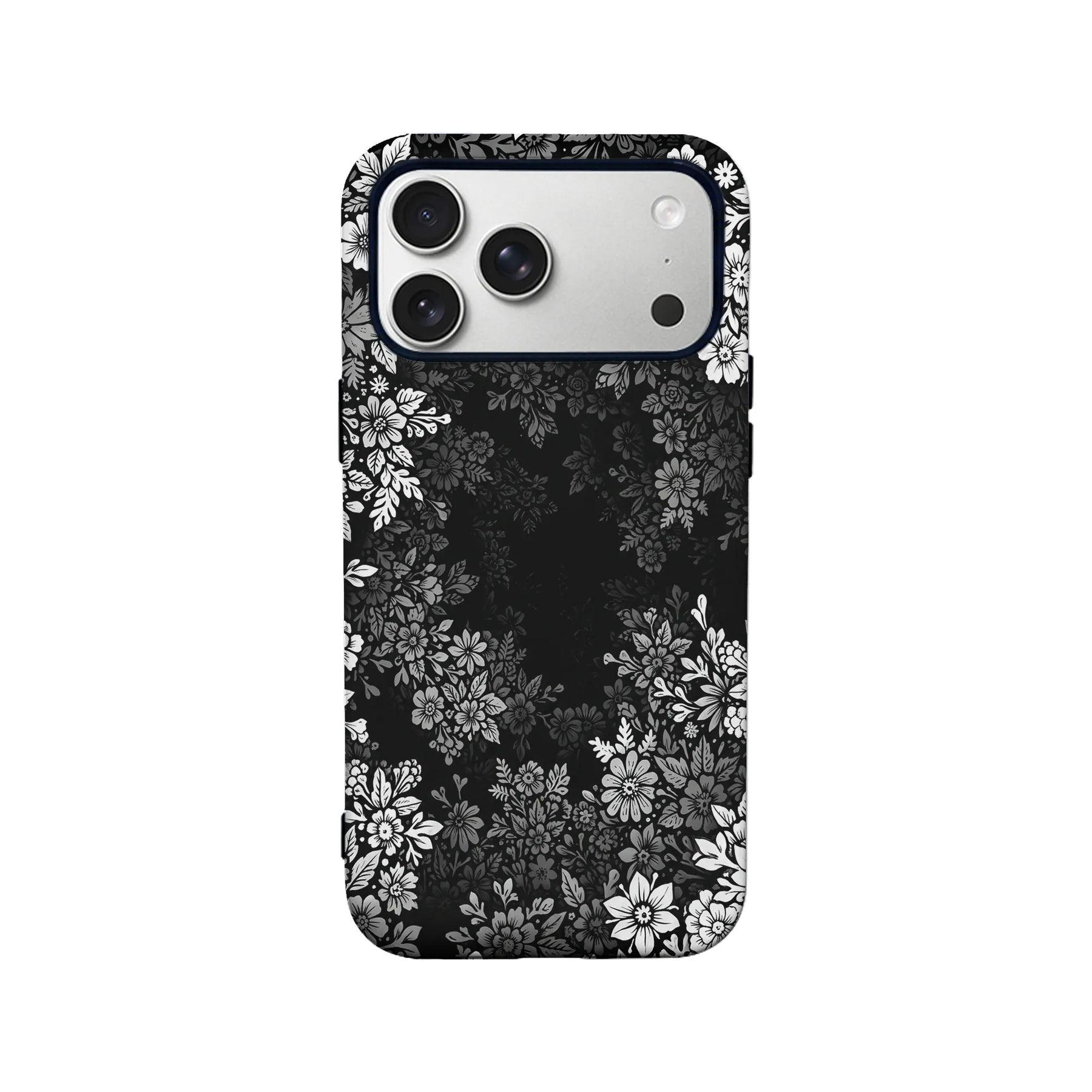 Black floral phone case shown from back with white flower pattern and camera cutout