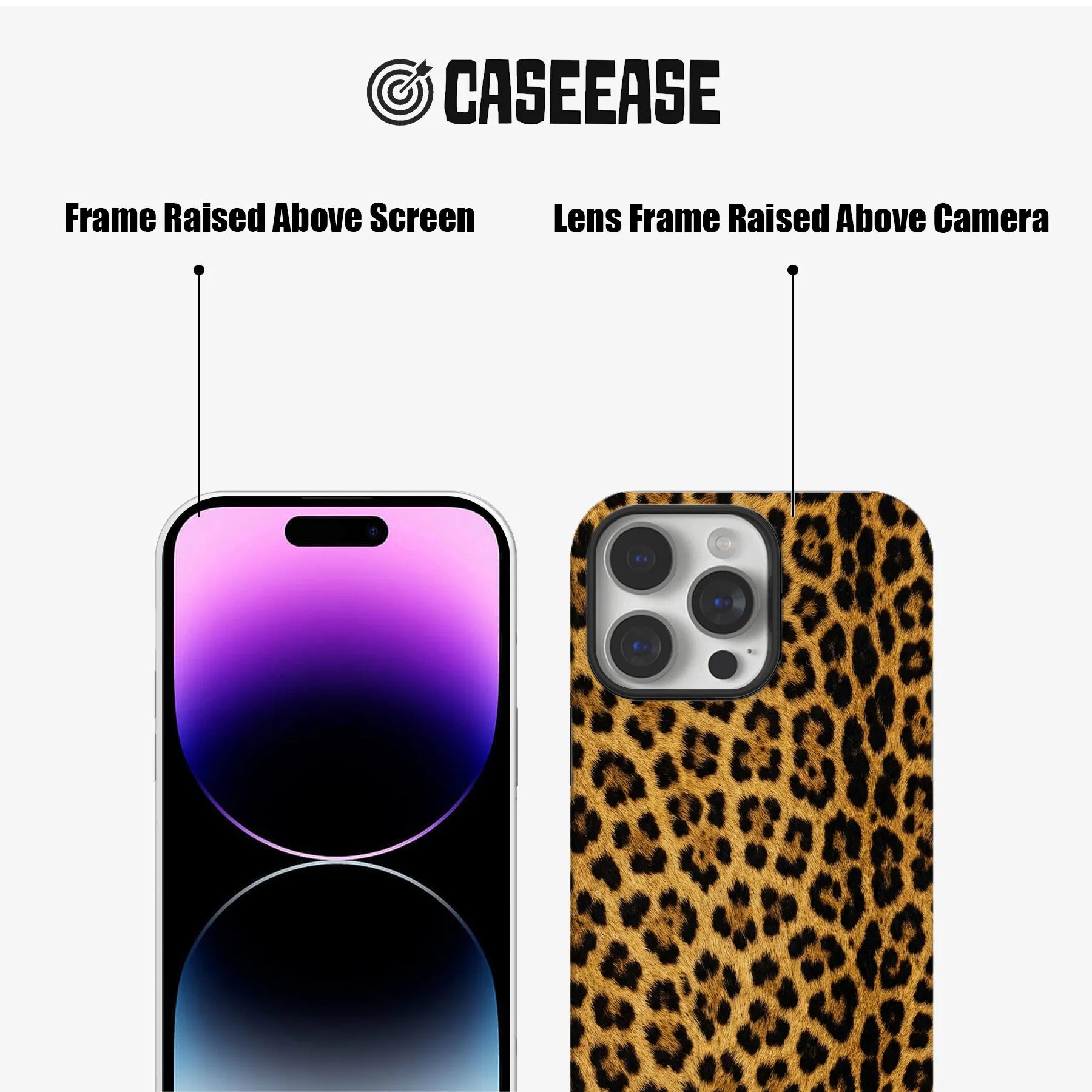 Tan and black leopard print phone case front and rear close-up showing raised screen and camera frames