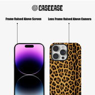 Tan and black leopard print phone case front and rear close-up showing raised screen and camera frames