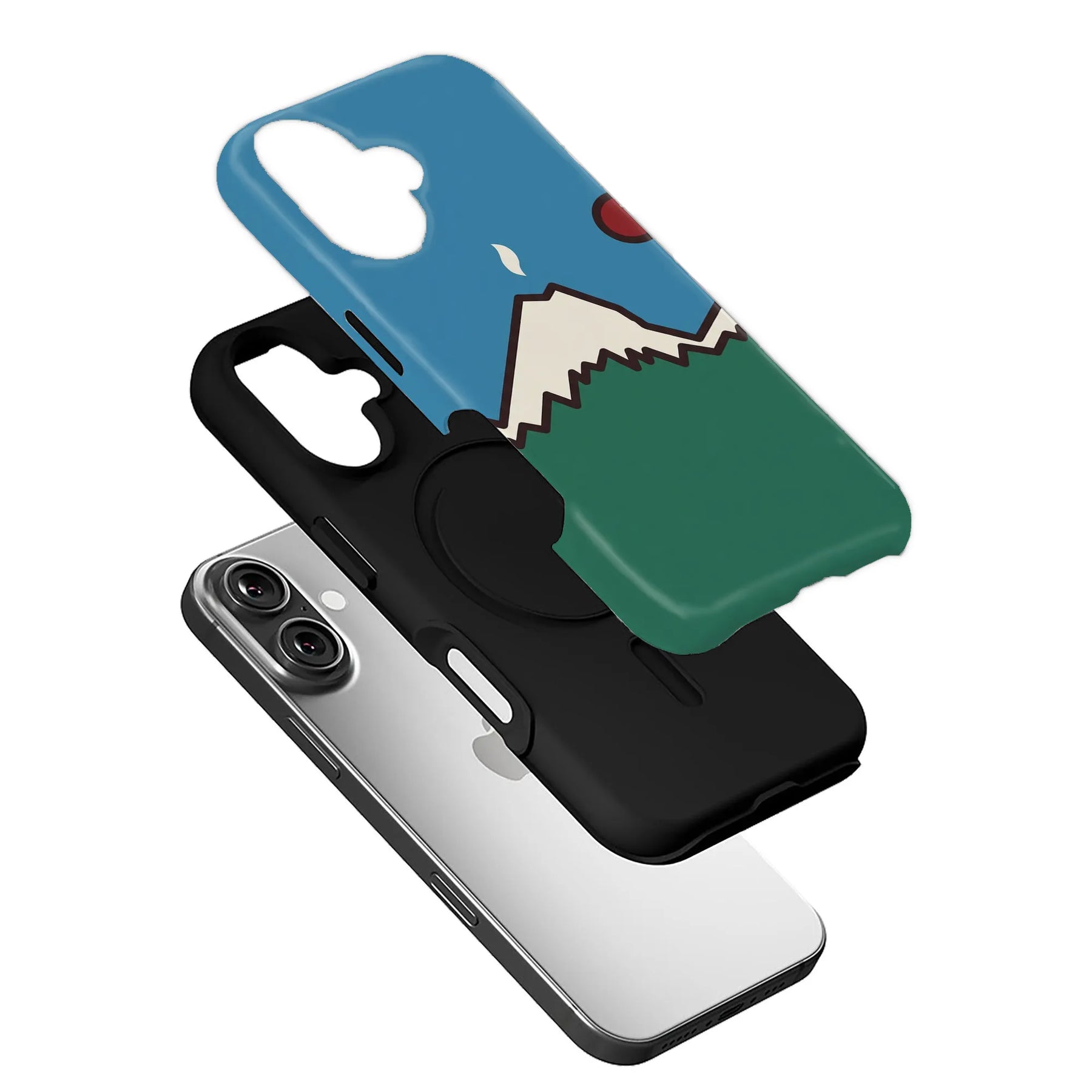 Blue and green cartoon landscape smartphone case, angled above black inner shell