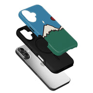 Blue and green cartoon landscape smartphone case, angled above black inner shell