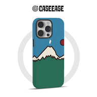 Blue and green mountain landscape phone case, rear angle with camera cutout