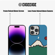 Blue mountain phone case shown front and back with raised screen and camera frames