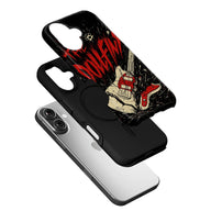 Black phone case with red rock guitar artwork, angled above silver smartphone