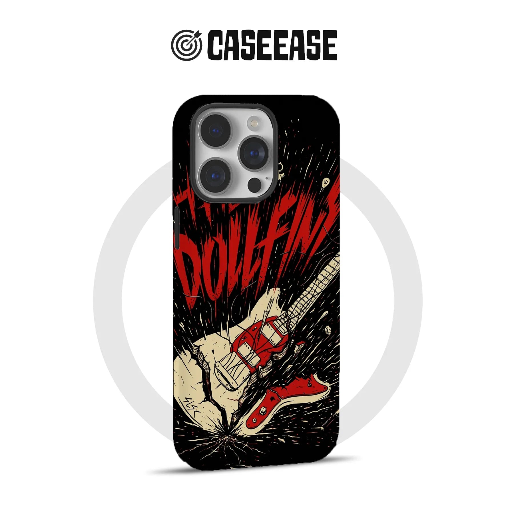 CASEEASE black phone case with red rock guitar artwork, rear product view