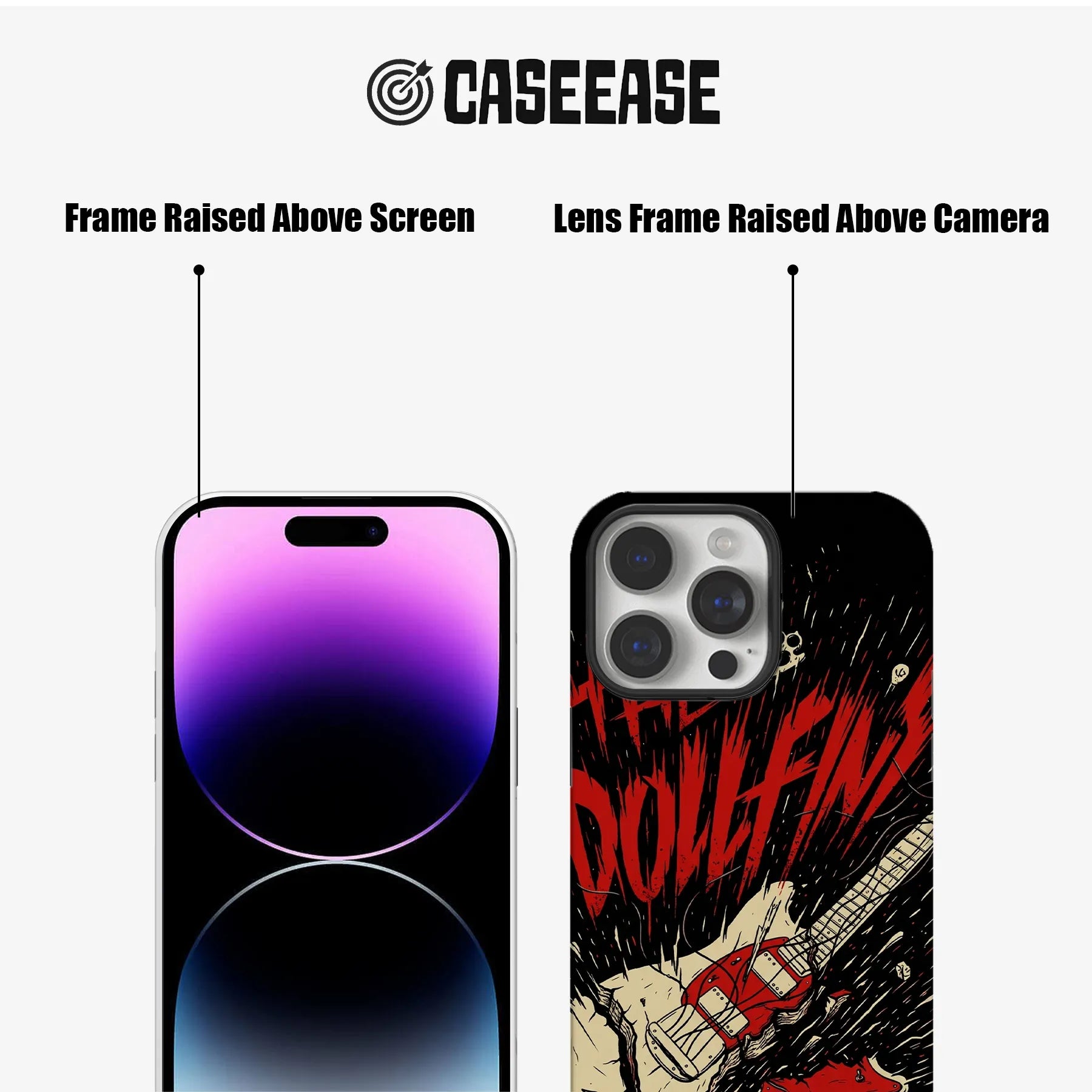 Black and red graphic phone case shown front and back with raised screen and camera frames