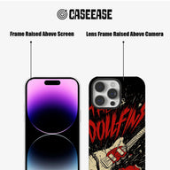 Black and red graphic phone case shown front and back with raised screen and camera frames