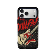Black phone case with red electric guitar illustration, rear product view