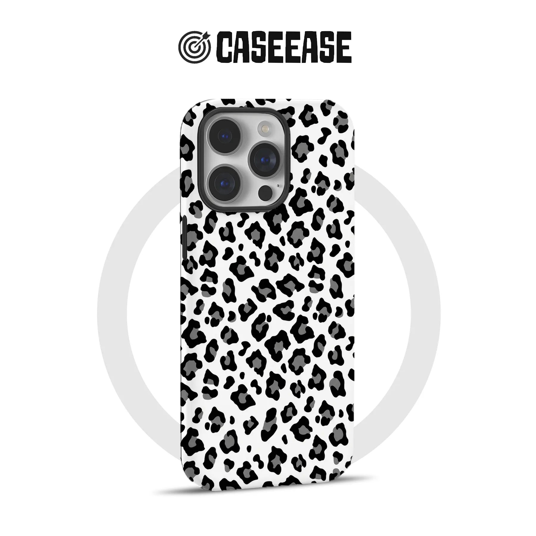 CASEEASE white phone case with black leopard print, rear angle showing camera cutout