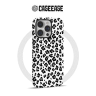 CASEEASE white phone case with black leopard print, rear angle showing camera cutout
