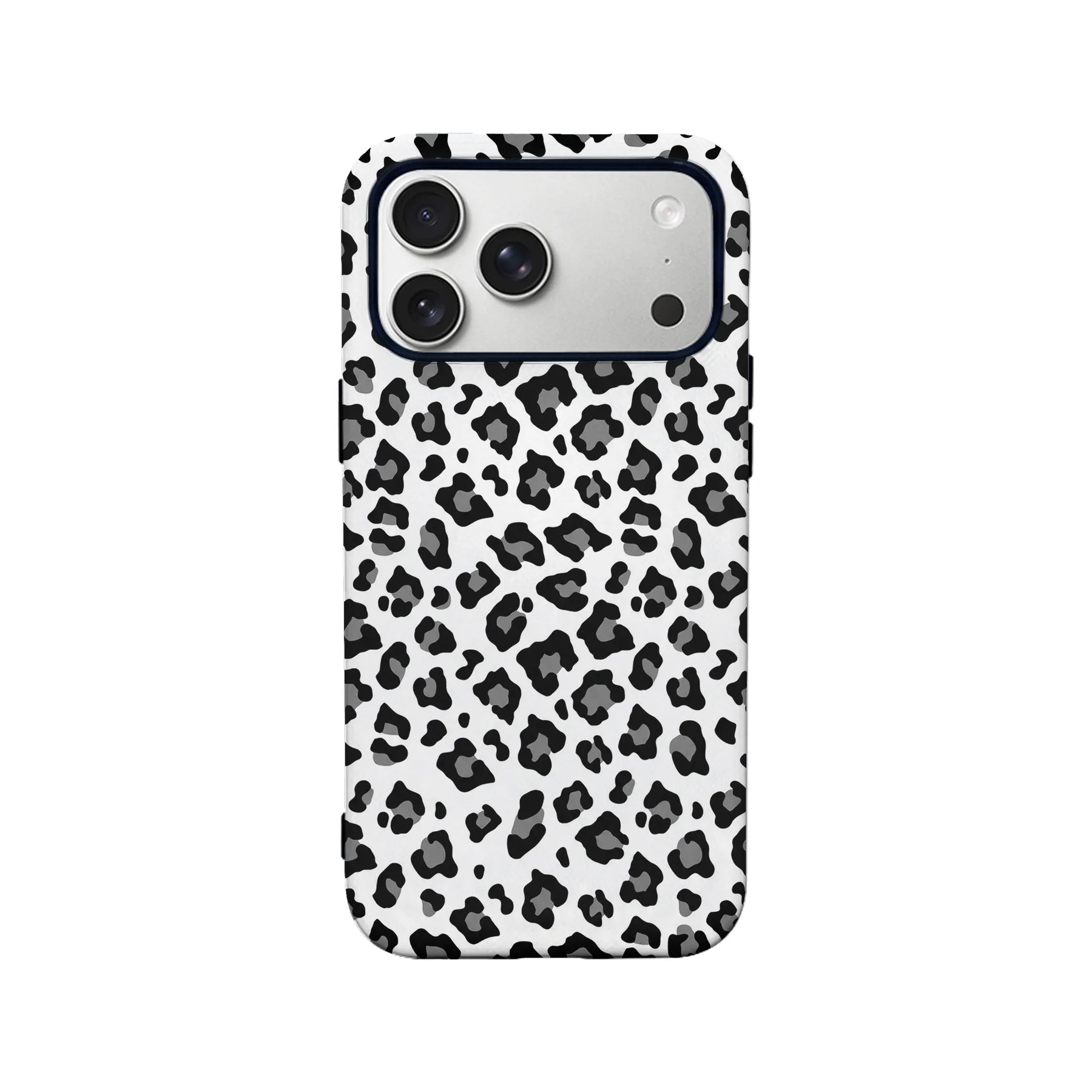 White black and gray leopard print phone case, rear angle on triple camera iPhone