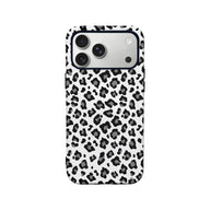 White black and gray leopard print phone case, rear angle on triple camera iPhone