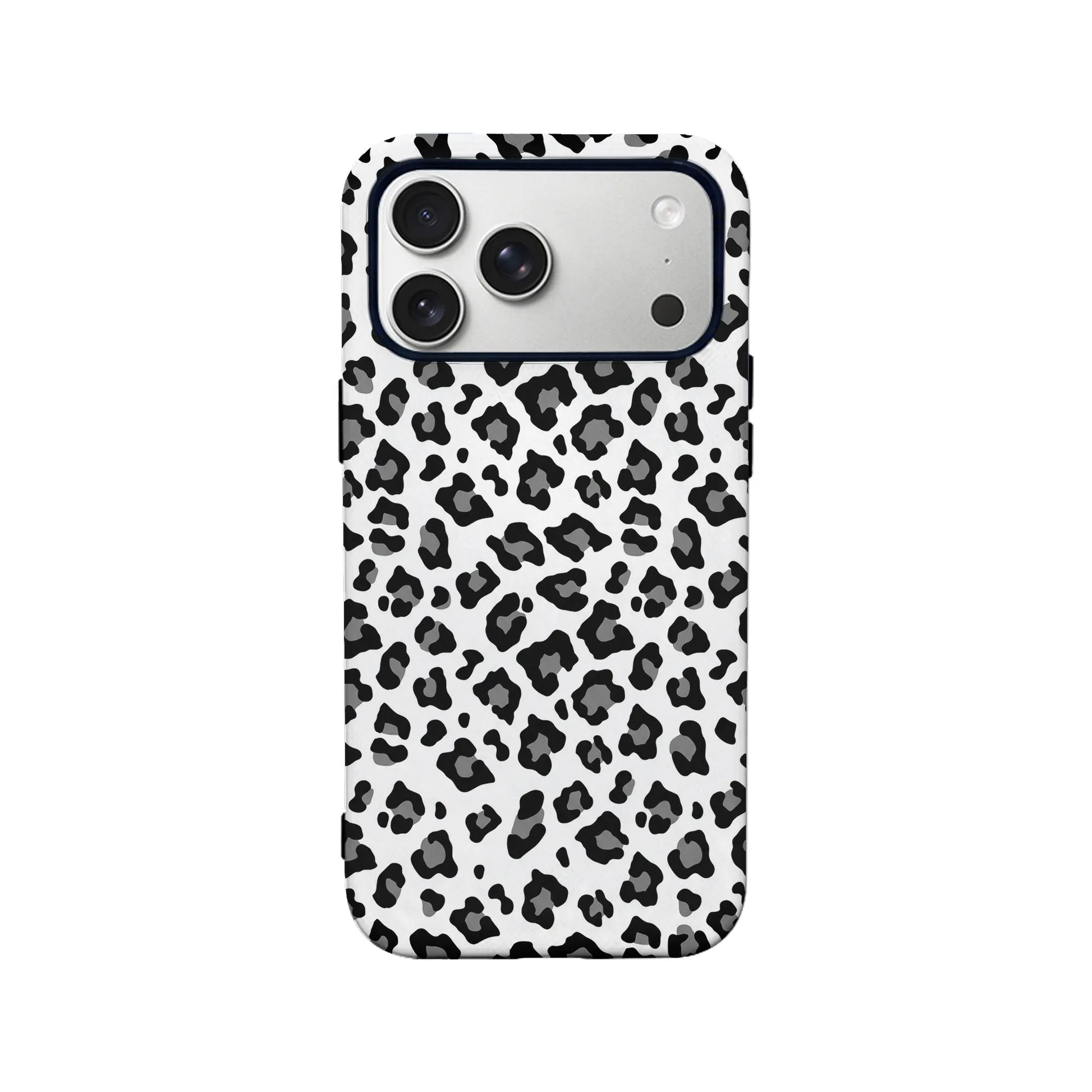 White black and gray leopard print phone case, rear angle on triple camera iPhone