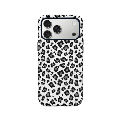 White black and gray leopard print phone case, rear angle on triple camera iPhone