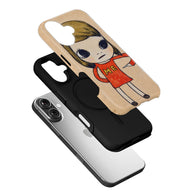 Beige illustrated phone case with red dress girl, angled above black liner and phone