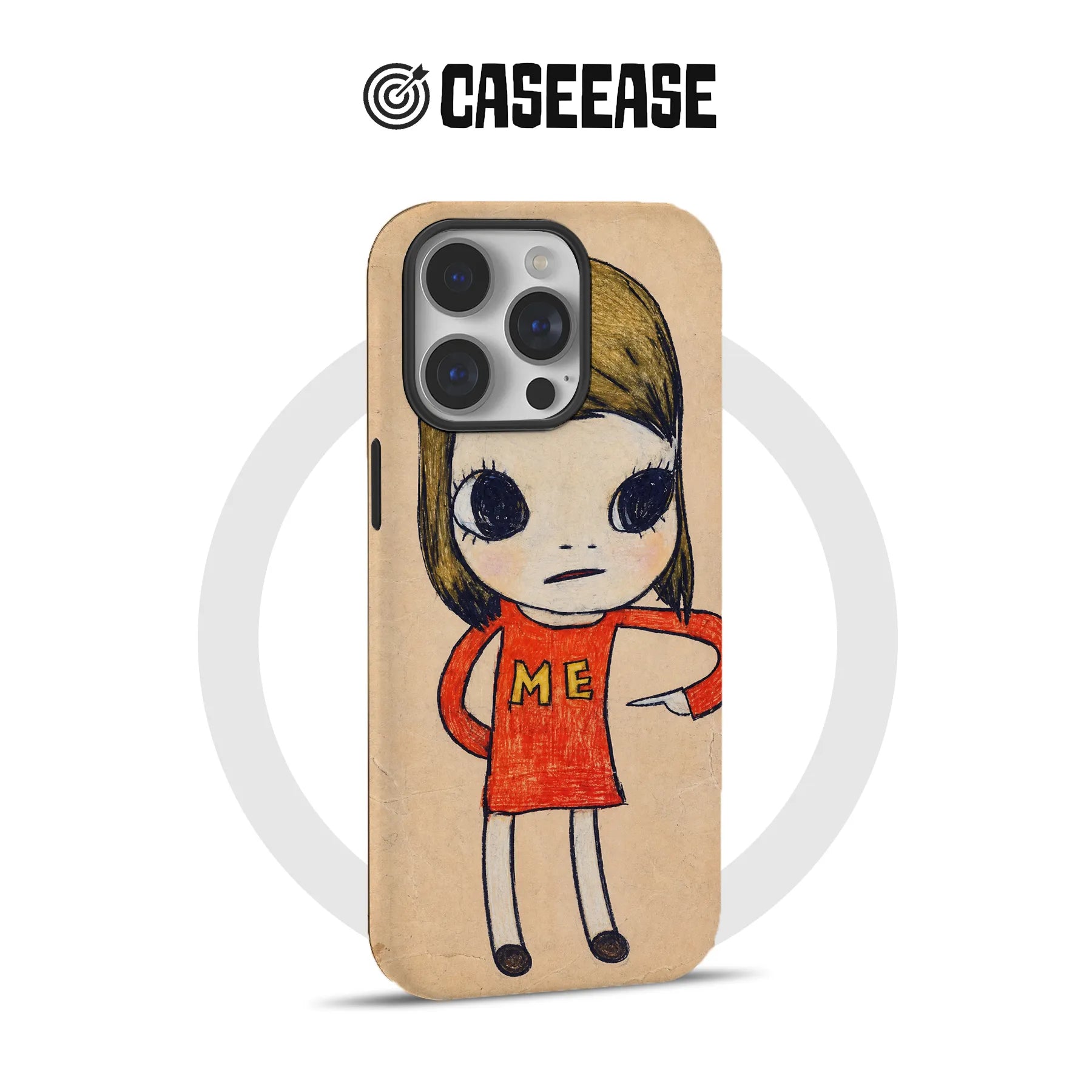 Beige CASEEASE phone case with hand-drawn girl design, angled product view