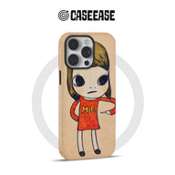 Beige CASEEASE phone case with hand-drawn girl design, angled product view