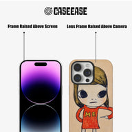 Beige illustrated phone case front and back views showing black raised screen and camera bezels