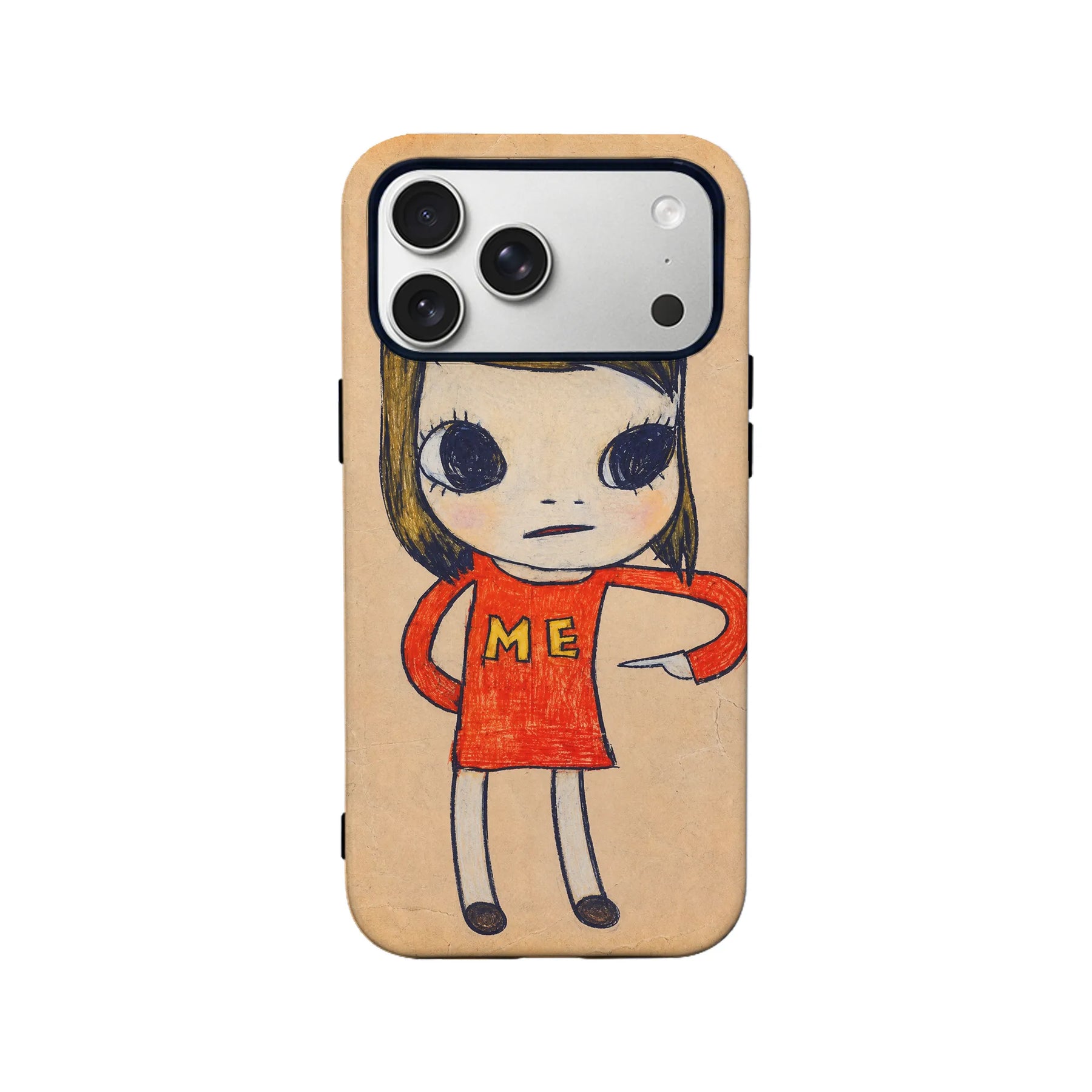 Beige phone case with hand-drawn girl in red dress, rear product angle