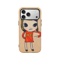 Beige phone case with hand-drawn girl in red dress, rear product angle