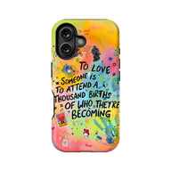 Colorful graffiti-style phone case back view with inspirational quote and dual camera cutout