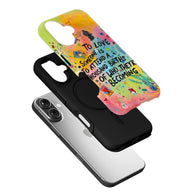 Colorful illustrated phone case with black inner layer, shown in angled exploded product view