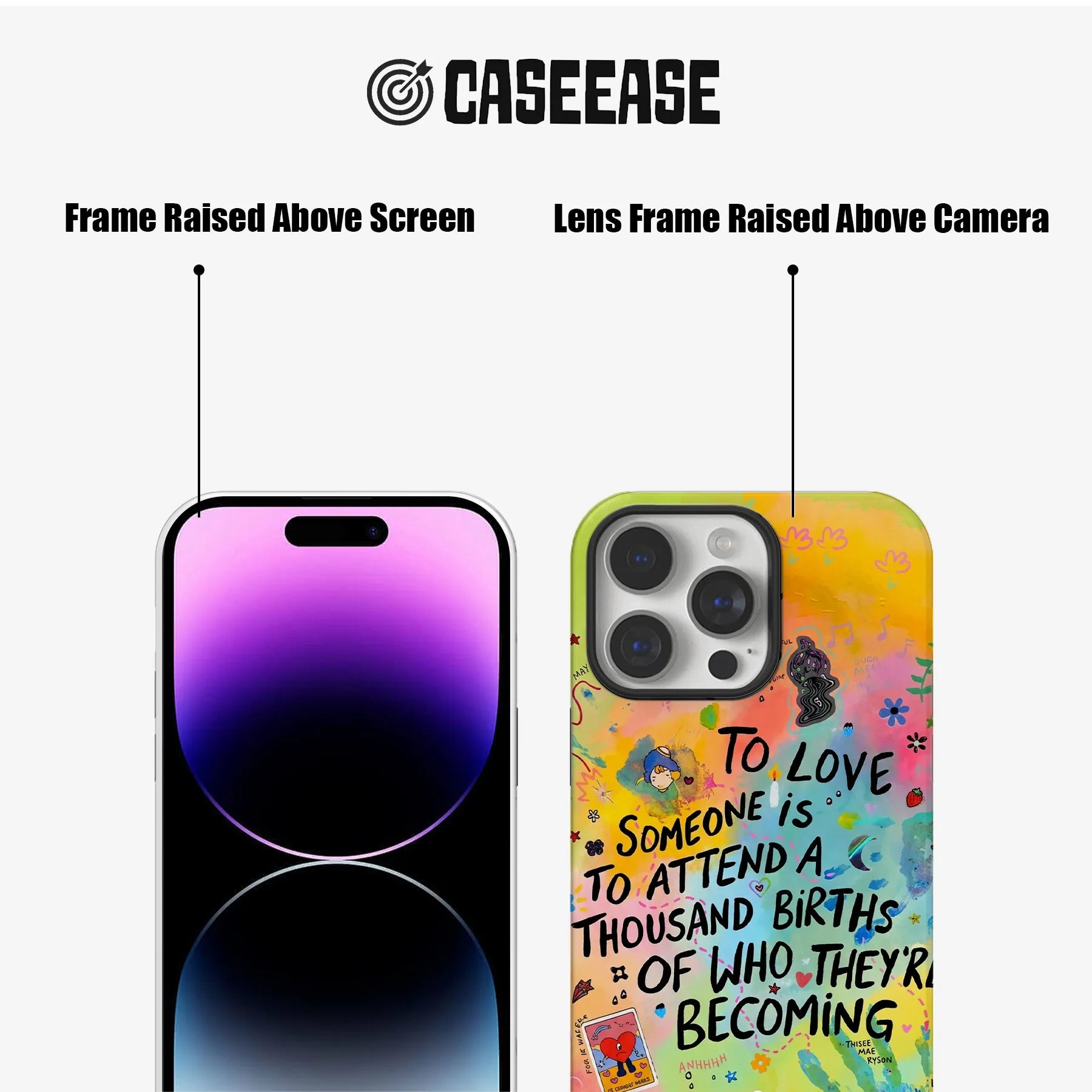 Colorful CASEEASE phone case showing raised screen and camera lens frames front and back