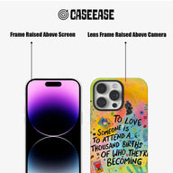 Colorful CASEEASE phone case showing raised screen and camera lens frames front and back