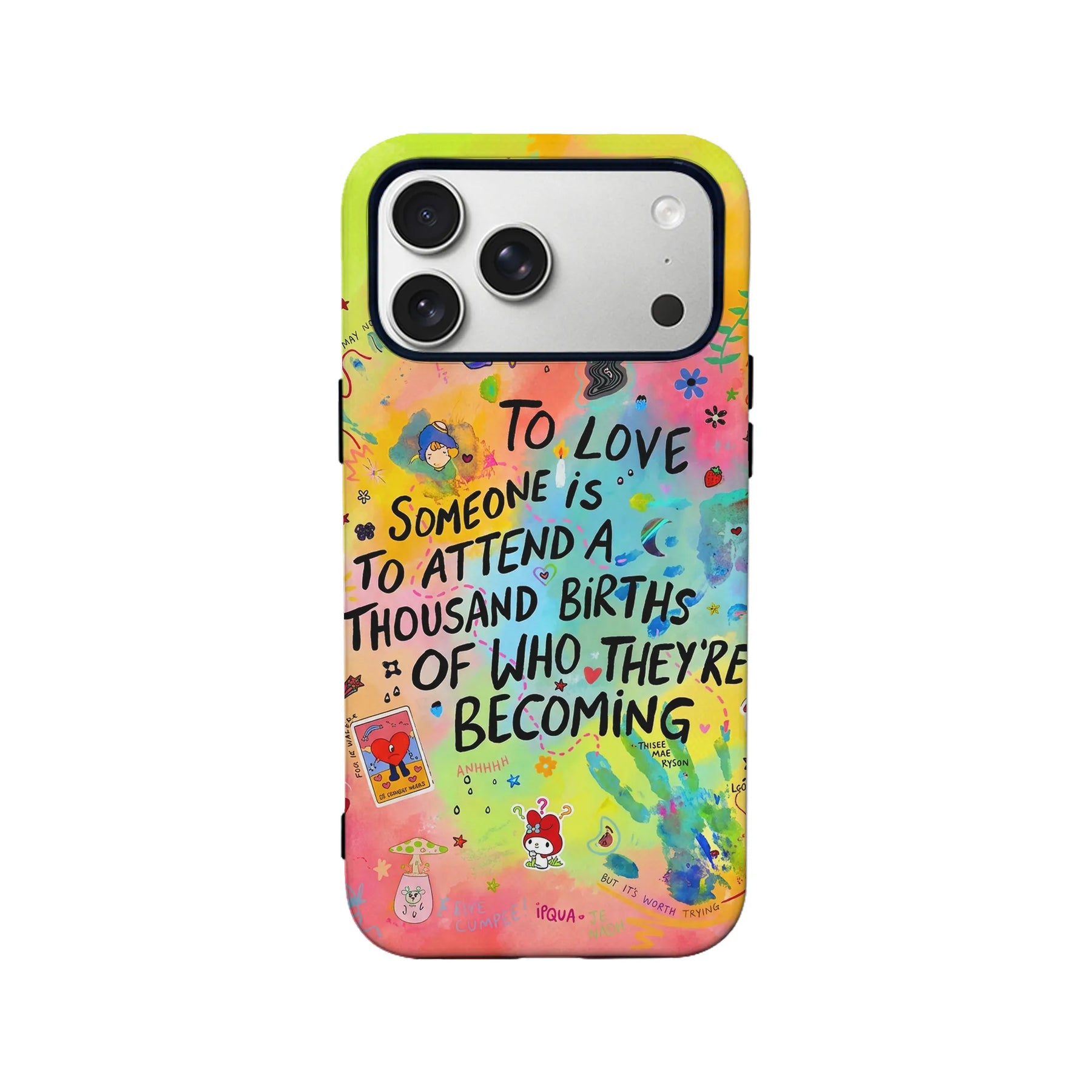 Colorful doodle quote phone case, rear view with camera cutout for ecommerce product page