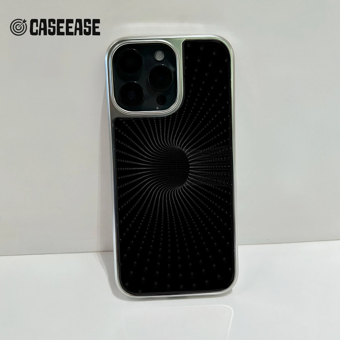 Holographic Chrome Phone Case for iPhone 15 Pro - Black Spiral Design