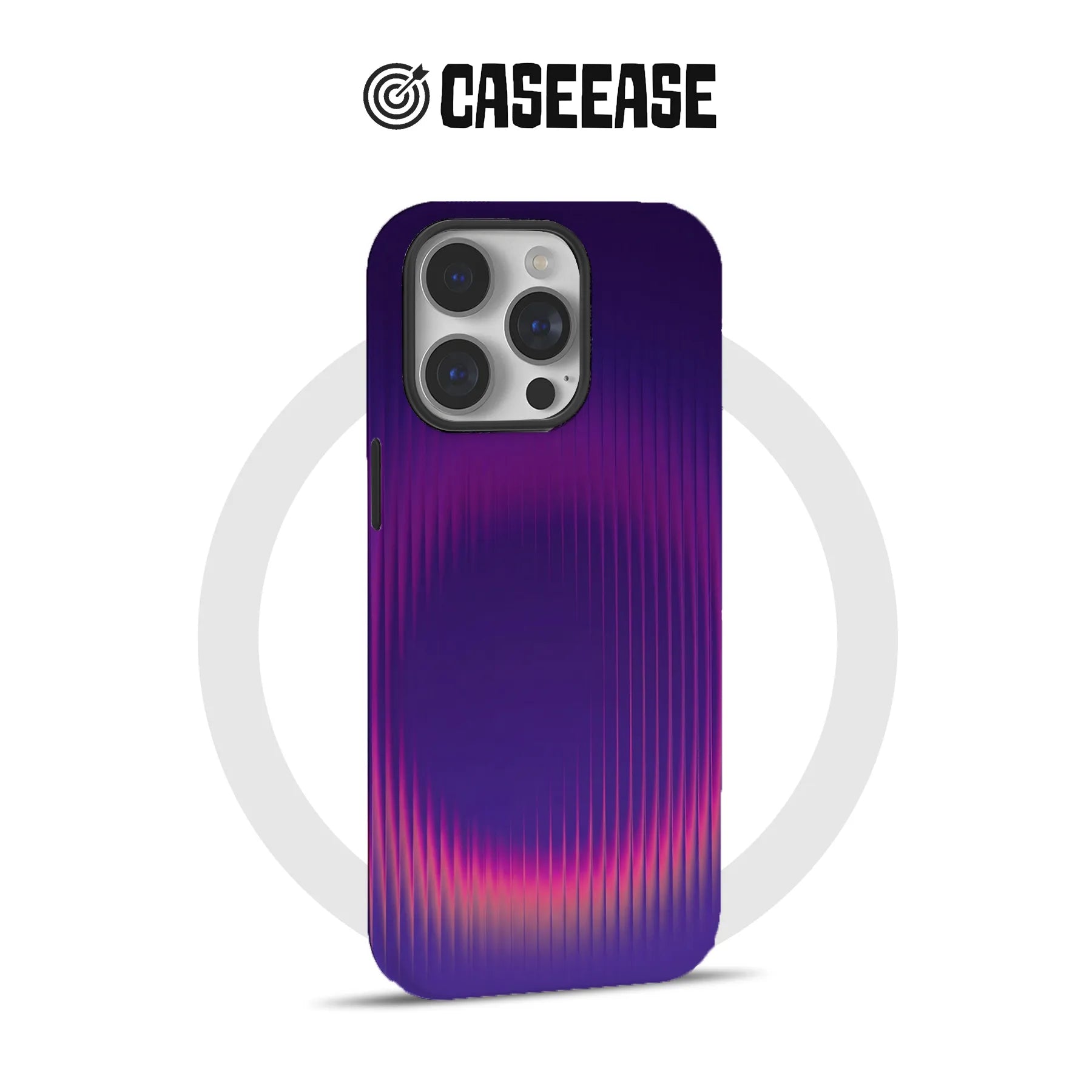 Purple gradient ribbed iPhone case shown from rear with camera cutout