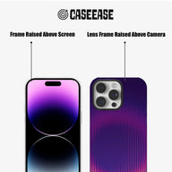 Purple gradient CASEEASE phone case front and rear view with raised screen and camera frames