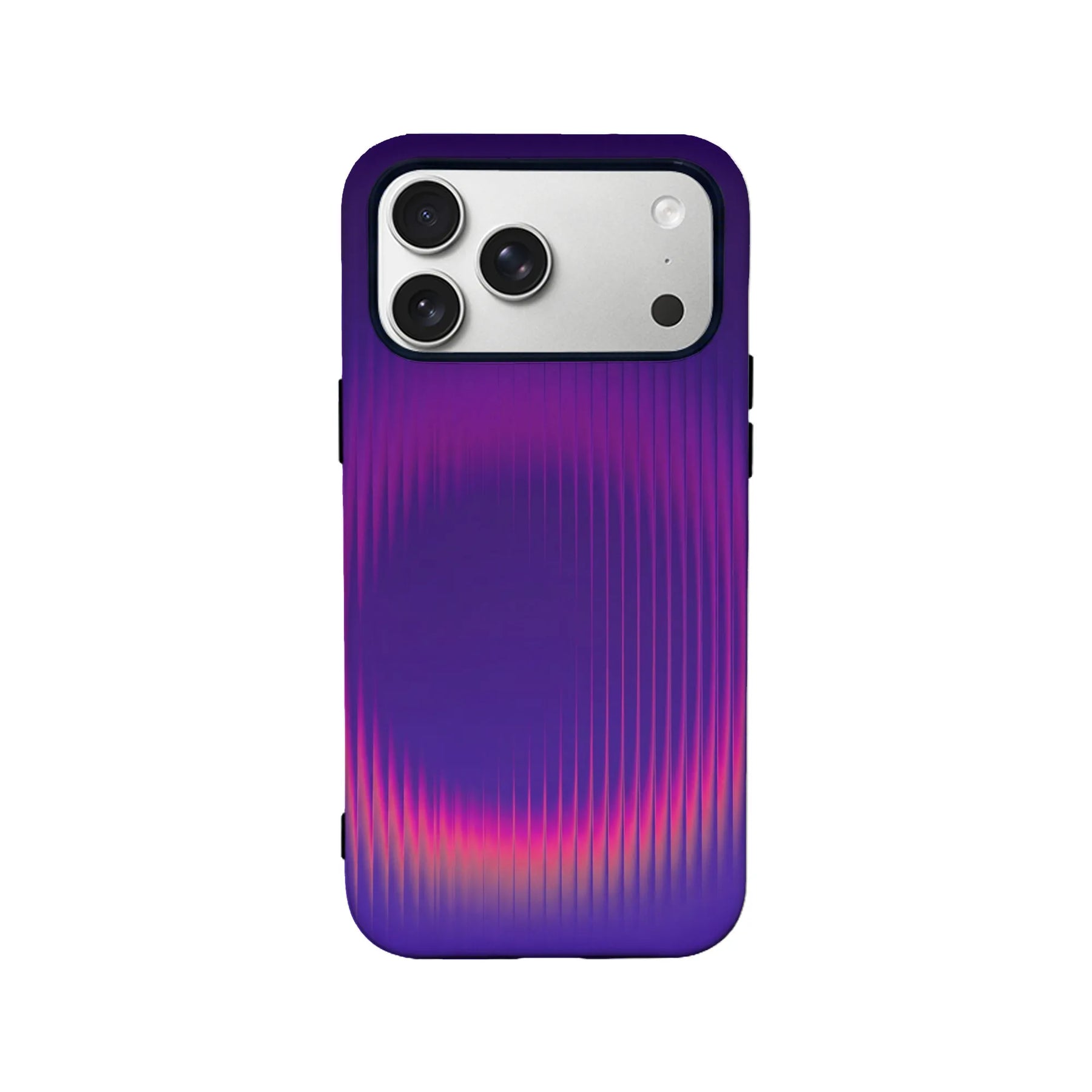 Purple and pink ribbed smartphone case shown from rear with camera cutout