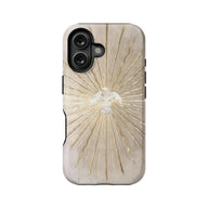 Translucent beige phone case with gold radiant dove design, rear product view