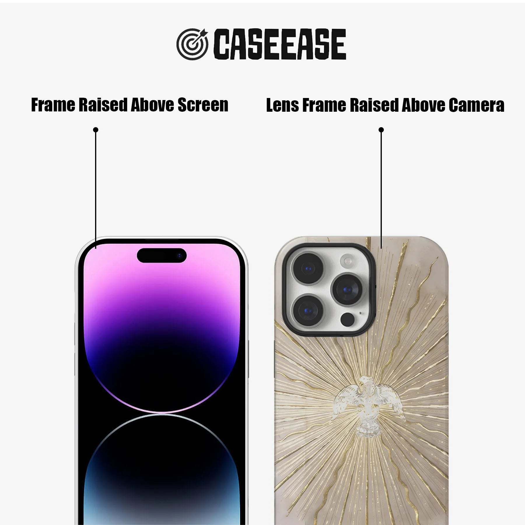 Beige gold angel phone case shown front and rear angles with raised camera frame