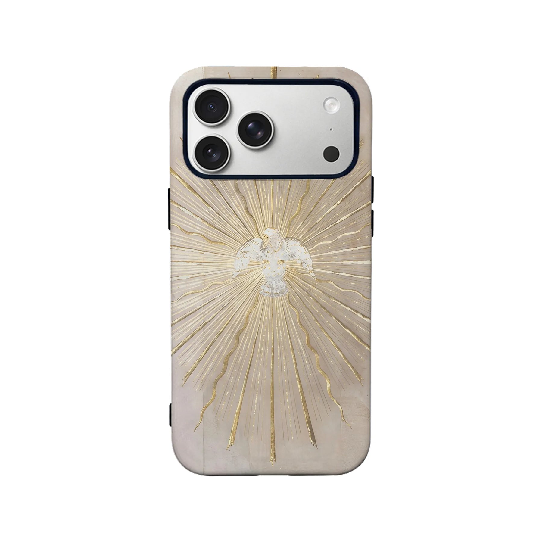 Beige phone case with gold angel sunburst design, shown from back product angle