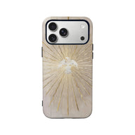 Beige phone case with gold angel sunburst design, shown from back product angle