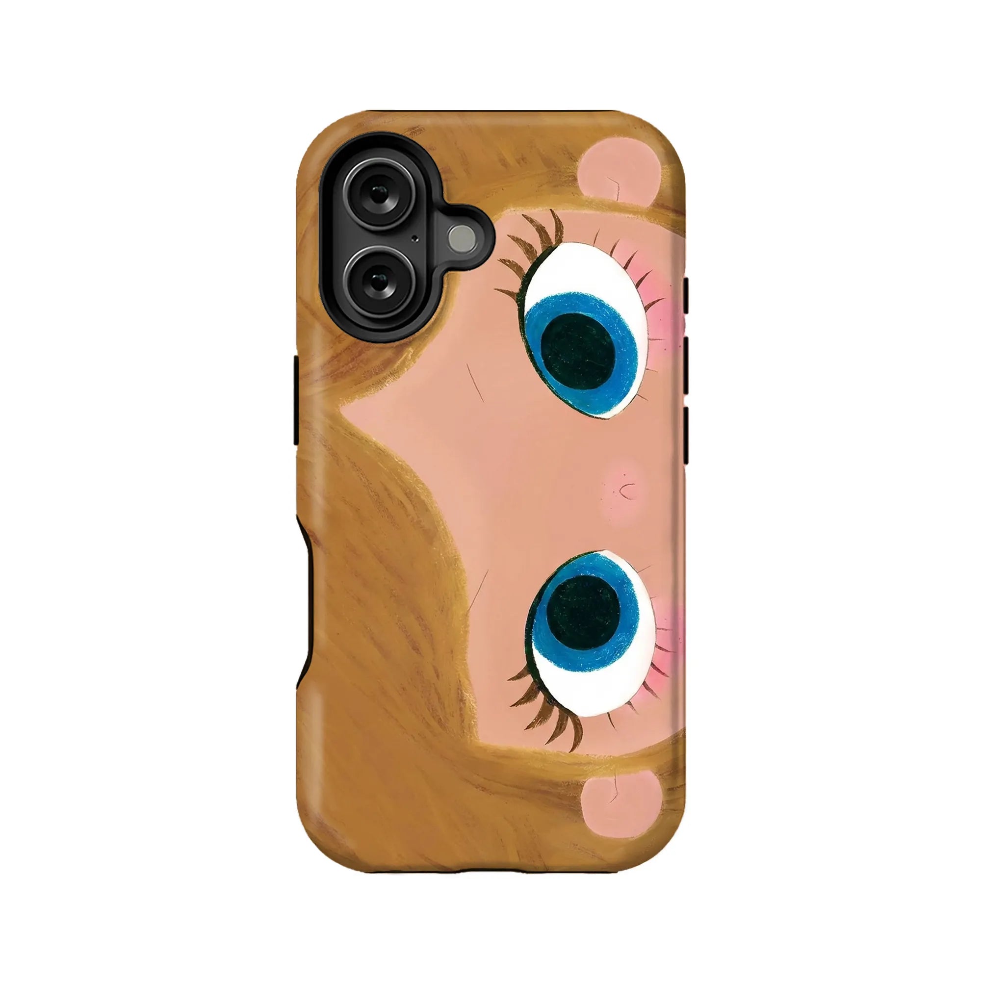 Back view of pink and blond cartoon face phone case with blue eyes