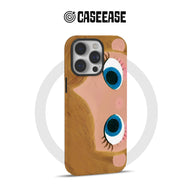 CASEEASE brown cartoon face phone case with blue eyes, rear angled product display