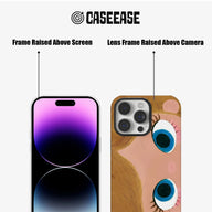 Tan illustrated phone case front and back showing black raised screen and camera frames
