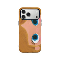 Rear view of peach and brown cartoon face smartphone case with blue eyes
