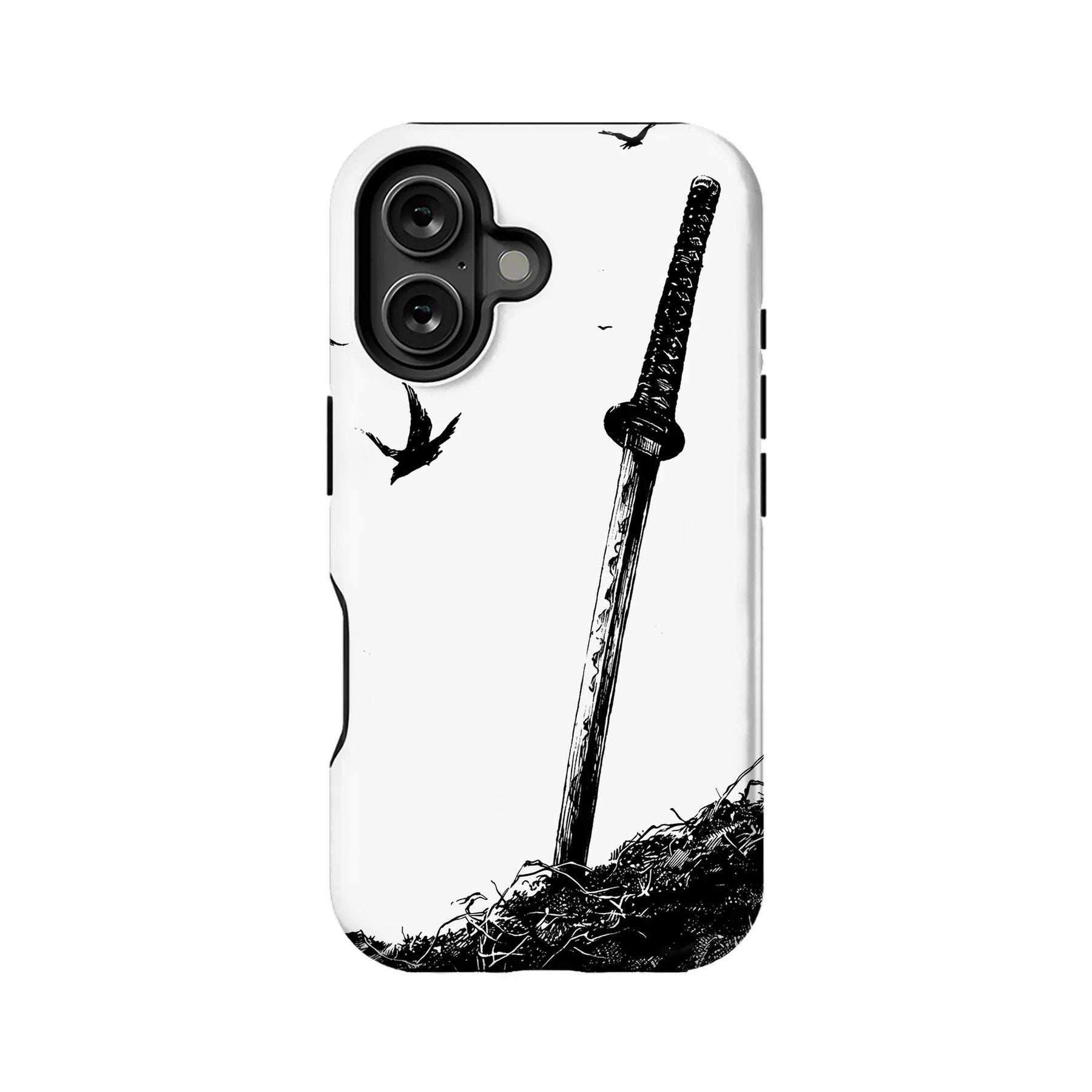 White phone case with black samurai sword illustration, rear product view